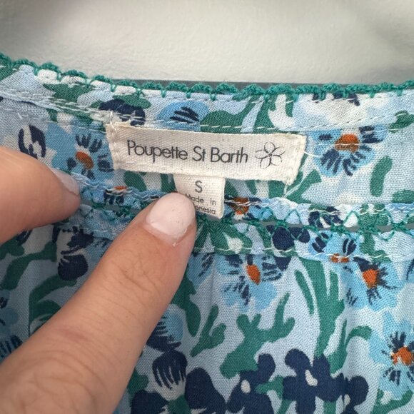 Poupette St Barth Floral Wrap Mini Dress Blue Green Ruffle Hem SZ S - Picture 3 of 5